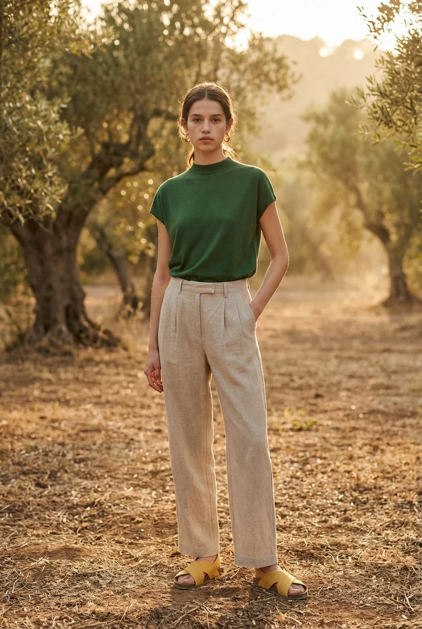 Green top with linen pants